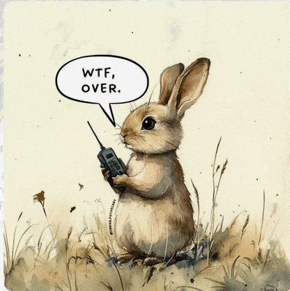 a rabbit holding a cell phone with a speech bubble saying wtf over