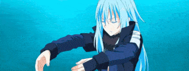 a blue haired anime character is standing in front of a blue background .