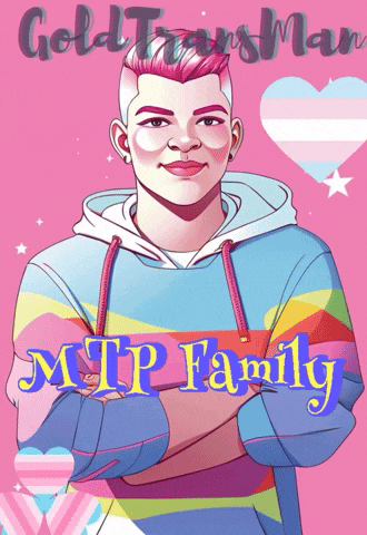 a drawing of a man with pink hair and the words gold trans man mtp family behind him