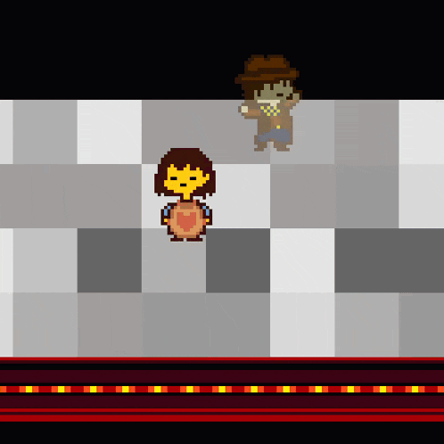 a pixel art of a girl with a heart on her chest and a man in a hat