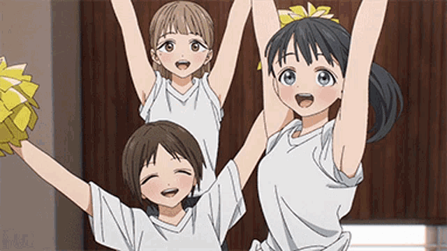 three anime girls are cheering with their arms in the air and holding pom poms .