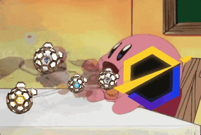 a cartoon drawing of kirby playing with balls with the letter b on one