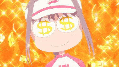 a girl with dollar signs on her eyes is smiling