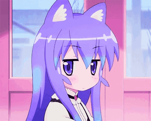 a girl with purple hair and cat ears is looking out a window