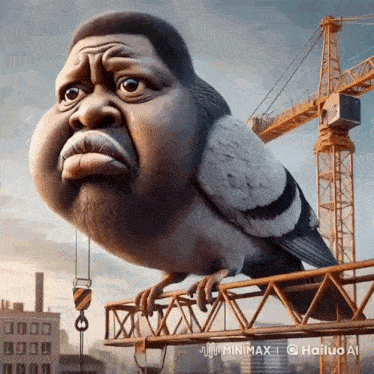 a cartoon drawing of a man with a pigeon on his head by hailuo ai