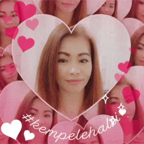 a woman is surrounded by pink hearts and the words #kempelehalii