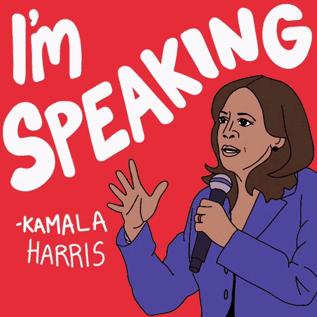 a cartoon of kamala harris holding a microphone with the words " i 'm speaking " above her