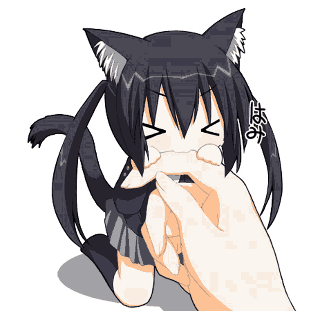 a cartoon of a girl with cat ears being petted by someone