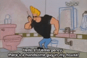 a cartoon character says hello 911 emergency there 's a handsome guy in my house ..