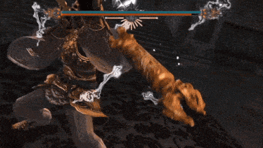 a video game screen shows a person being attacked by a statue