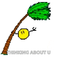 a cartoon of a smiley face standing under a palm tree .