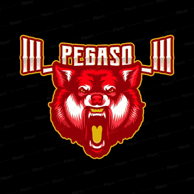 a red wolf holding a barbell with the word pegaso written above it
