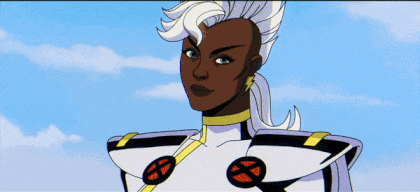 a cartoon of storm holding a lightning bolt in her hand