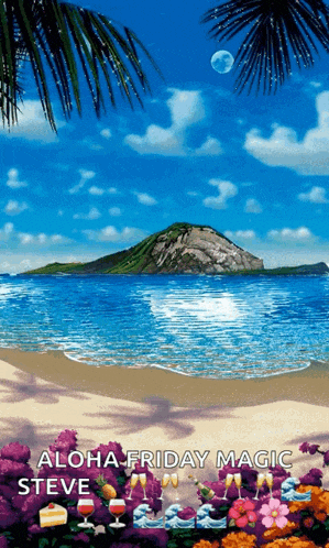 a painting of a beach with the words aloha friday magic on it
