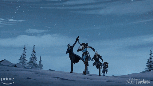 a poster for the legends of vox machina shows a group of people in the snow