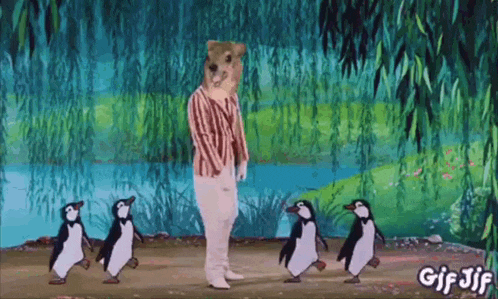 a gif of a dog dancing with penguins with the words gif jjf in the corner