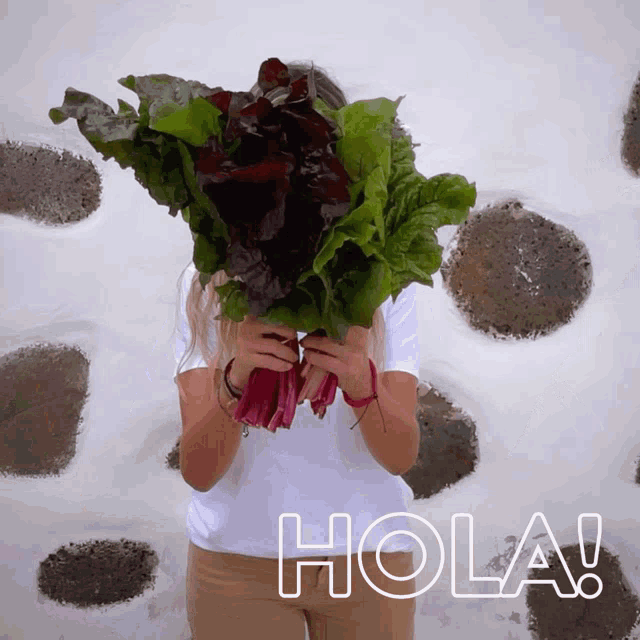a woman is holding a bunch of lettuce in front of her face and the word hola is on the bottom right