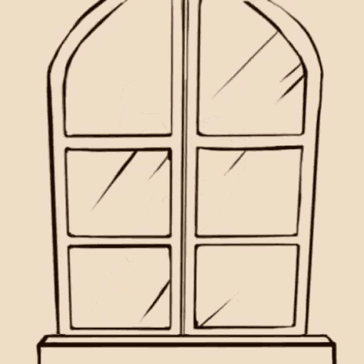 a black and white drawing of a man looking out of a window waving his hand .