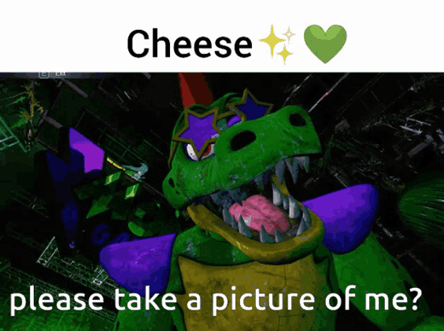 a picture of a dinosaur with the words " please take a picture of me "