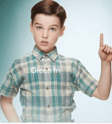 a young boy wearing a plaid shirt is pointing up with the words green fn written on the bottom