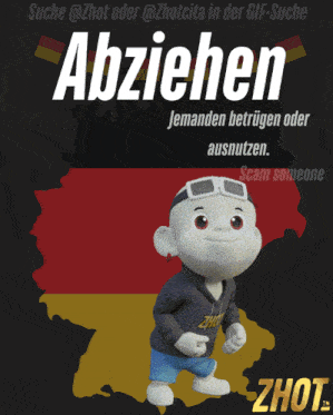 a cartoon character is standing in front of a german flag and the words abziehen jemanden betrogen oder ausnutzen scam someone