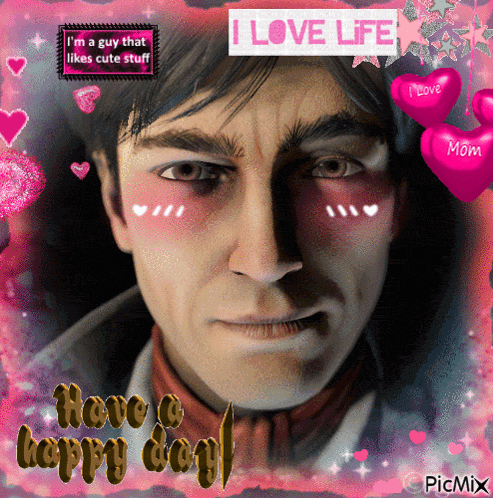 a man with hearts on his cheeks and the words i love life