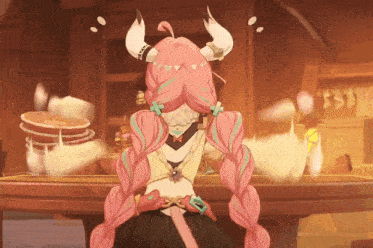 a cartoon character with pink hair and horns