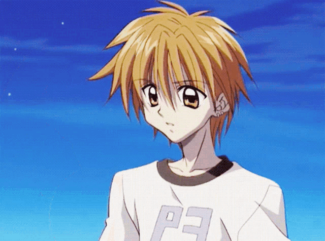 a boy with yellow hair is wearing a white shirt that says p3