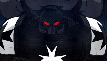 a cartoon of a skull with red eyes and a star on his chest .
