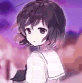 a girl with short hair and a backpack is standing in front of a purple sky .