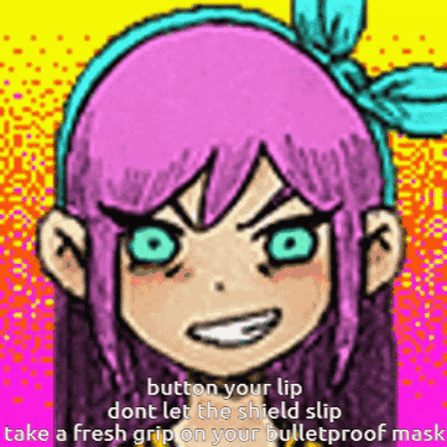 a cartoon of a girl with pink hair and blue eyes says button your lip
