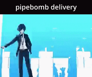 a man in a suit and tie is standing in front of a blue wall with the words pipebomb delivery written on it .