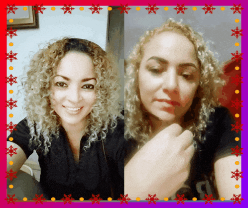 a woman with curly blonde hair is smiling in a red and purple frame with snowflakes