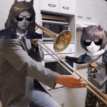 a man in a suit is playing a trombone in front of a microwave
