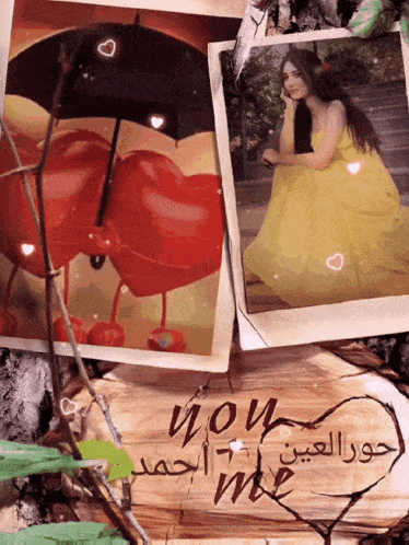 a woman in a yellow dress sits under an umbrella next to a collage of pictures