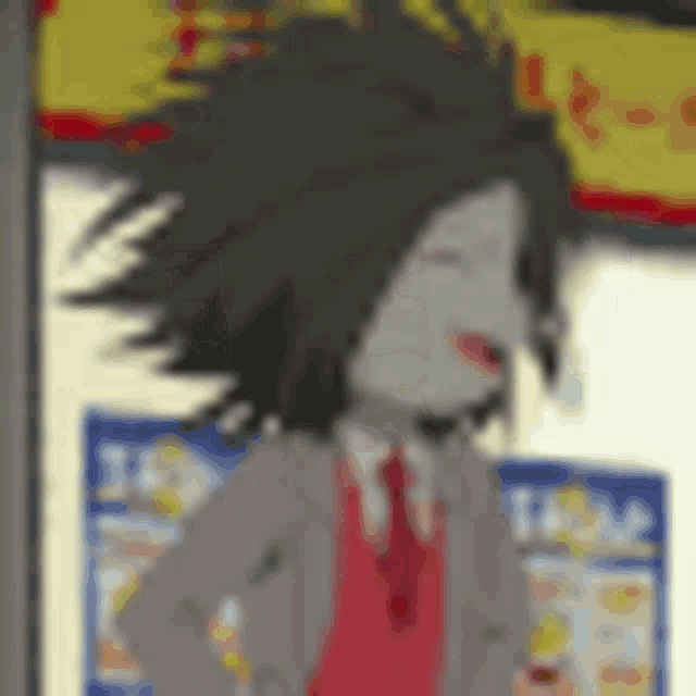 a cartoon of a man in a suit and tie is standing in front of a sign .