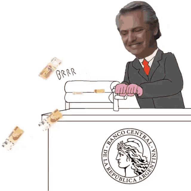 a cartoon of a man behind a banco central de la republica argentina logo