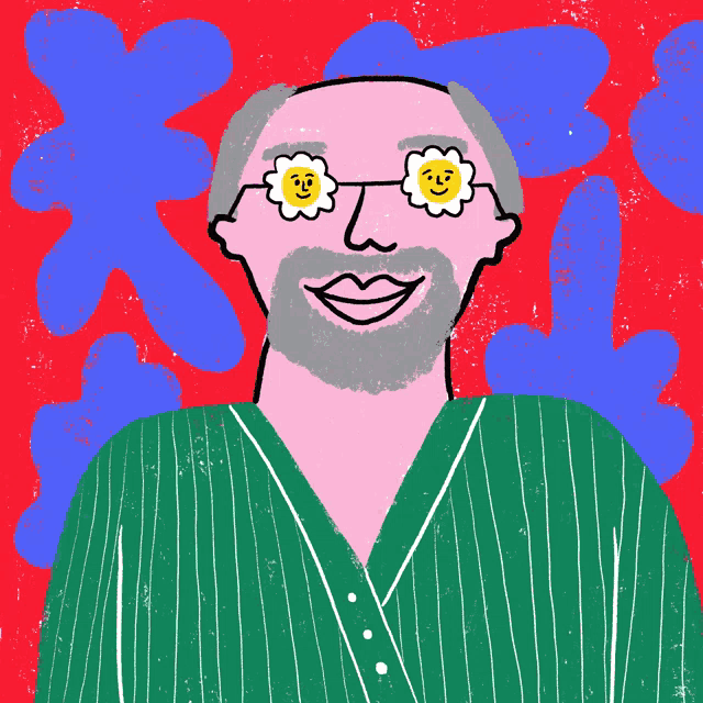 a cartoon drawing of a man with a beard and flowers in his eyes