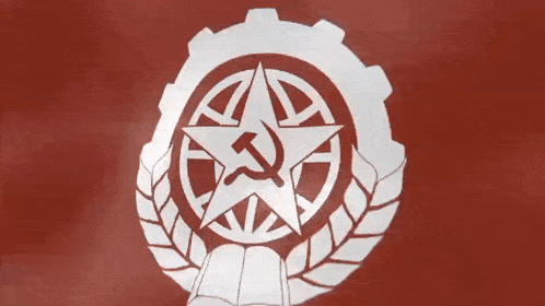 a red and white logo with a hammer and sickle