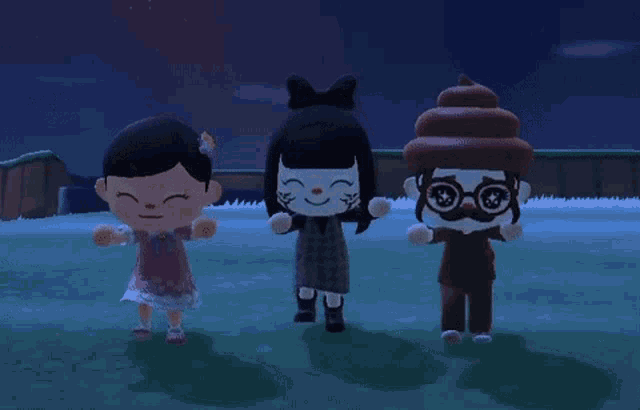 three cartoon characters are standing next to each other with one wearing glasses and a poop hat