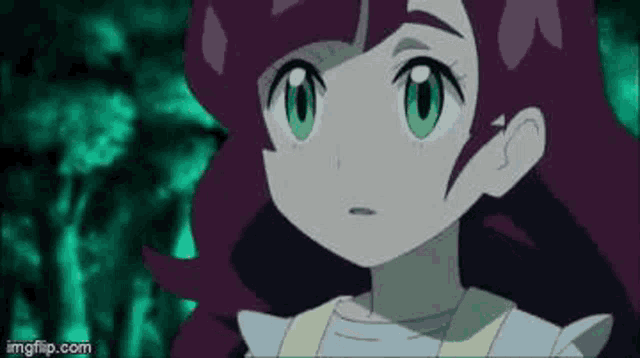 a girl with purple hair and green eyes is standing in the dark .