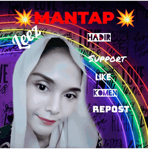 a picture of a woman with a rainbow behind her and the words mantap on the top