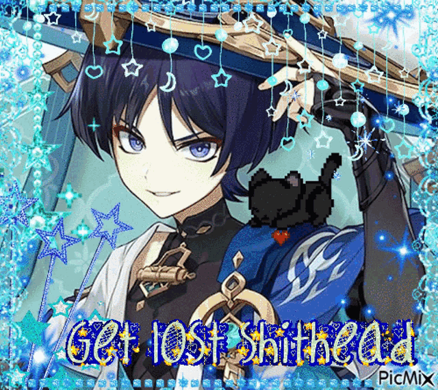 a picture of a anime character with the words get lost shithead