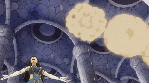 a woman in a blue dress and white gloves stands in a room with columns and smoke coming out of them