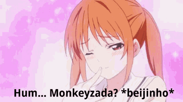 a girl with orange hair is making a funny face with her finger in her mouth and a pink background .