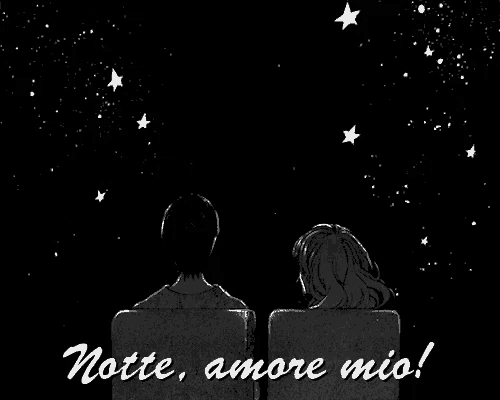 a black and white drawing of a man and a woman looking at the moon with the words notte amore mio written below them
