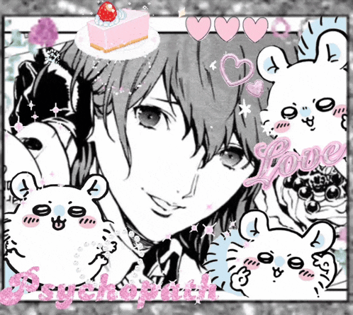 a black and white drawing of a boy with a cake and the word love