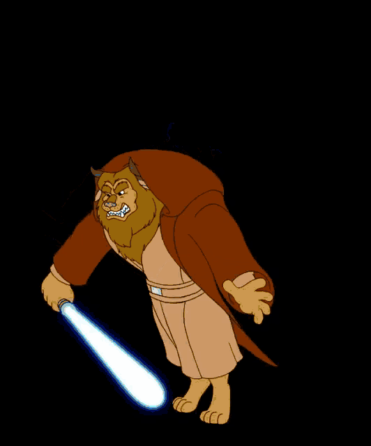 a cartoon of a lion in a robe holding a lightsaber
