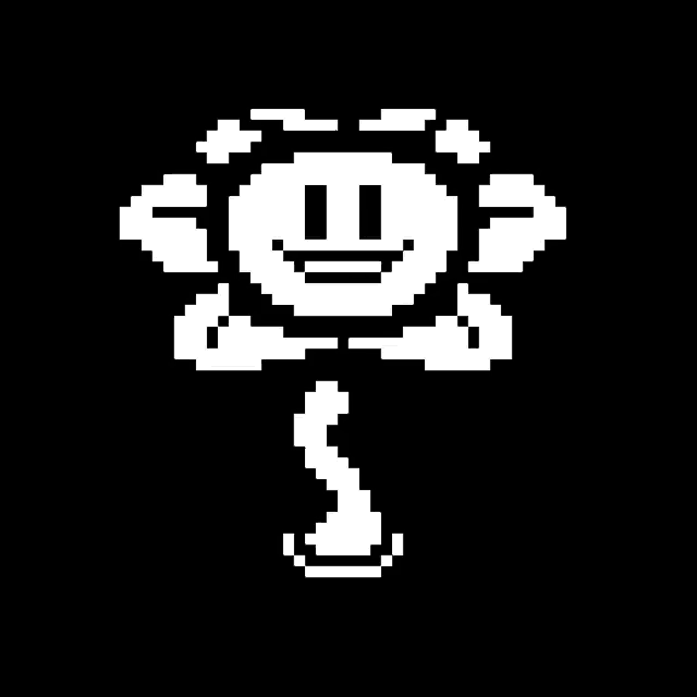 a black and white pixel art of a flower with a surprised face and a smoke trail coming out of it .