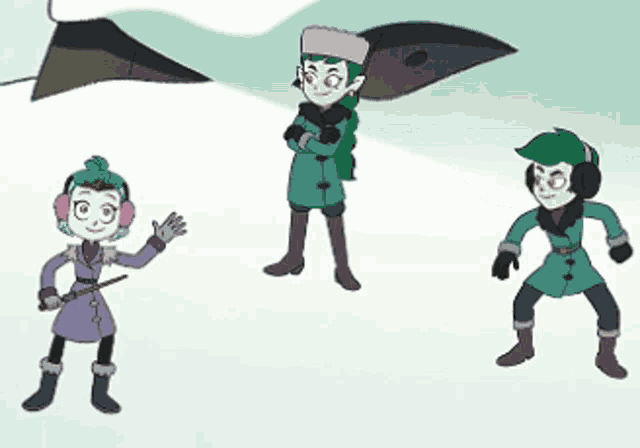 three cartoon characters are standing in the snow and one is holding a ring